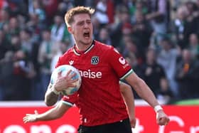 Josh Knight celebrates scoring for Hannover 96 against Eintracht Braunschweig in 2. Bundesliga last season