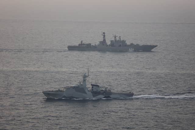 HMS Trent and Wildcat helicopter shadow a Russian destroyer and tankers through the English Channel