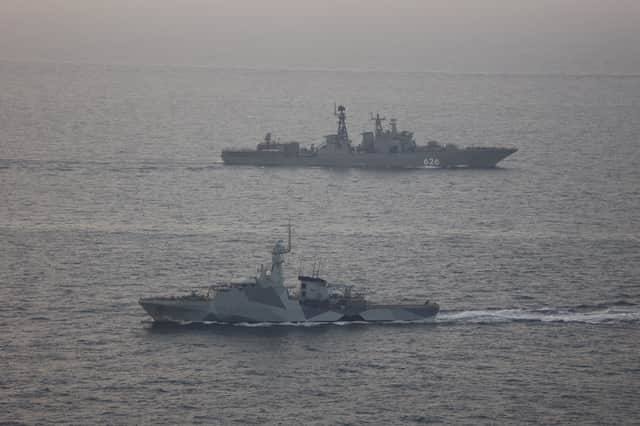 HMS Trent and Wildcat helicopter shadow a Russian destroyer and tankers through the English Channel