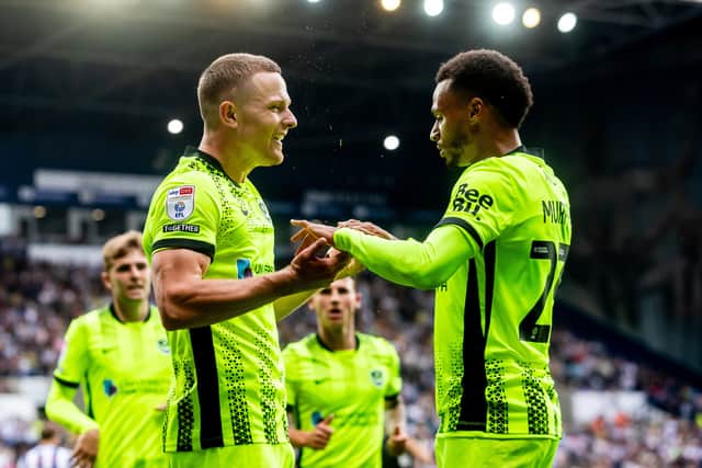 Colby Bishop celebrates with Josh Murphy after scoring against West Brom in August 2025. Picture: Manjit Narotra/ProSportsImages