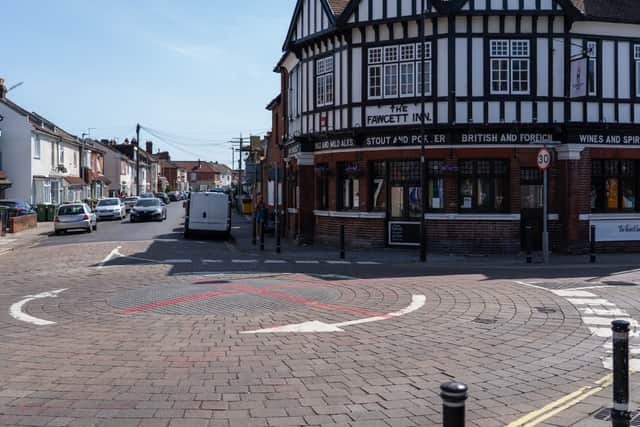 St. George's Cross has been spray painted on the Fawcett Road Roundabout, in Portsmouth. Pictured is the Red Cross spray paint on the ground. Pictured by Alec Chapman