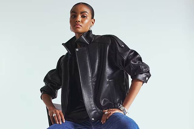 The River Island faux leather funnel neck biker jacket is the must-have jacket for transitional season style