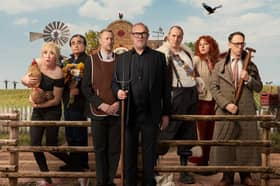 Taskmaster series 20 cast l to r: Maisie Adam, Sanjeev Bhaskar, Alex Horne, Greg Davies, Phil Ellis, Ania Magliano and Reece Shearsmith. Credit: Avalon