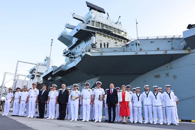 The Defence Secretary John Healey attends a reception onboard the HMS Prince of Wales on the occasion if the ship being the first foreign carrier to dock in Tokyo with The Defence Minister for Japan, Gen Nakatani in Tokyo. The UK-Japan relationship has been hailed as a major success.
