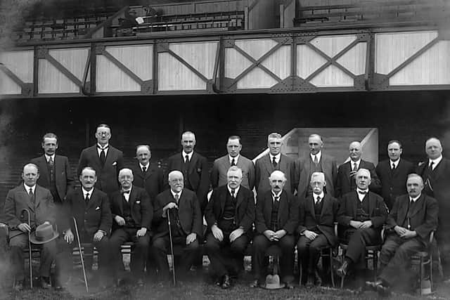 The Portsmouth FC Board of Directors along with others who helped build the new stand, pictured in front of the Directors’ Box of the South Stand in August 1925. Architect Archibald Leitch’s distinctive lattice-work steel frontage can be seen clearly. Chairman Bob Blyth, who drove the project, can be seen fourth from the left in the back row, while Leitch is sitting far left in the front row. Photographer: Stephen Cribb / Pompey History Society Archive