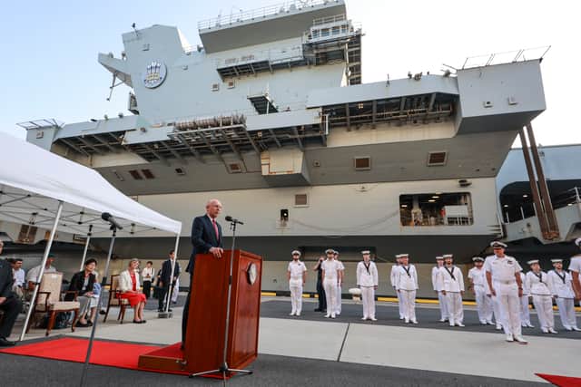 The Defence Secretary John Healey attends a reception onboard the HMS Prince of Wales on the occasion if the ship being the first foreign carrier to dock in Tokyo with The Defence Minister for Japan, Gen Nakatani in Tokyo. A future deployment has been organised between the RAF and Japanese naval forces.