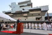 The Defence Secretary John Healey attends a reception onboard the HMS Prince of Wales on the occasion if the ship being the first foreign carrier to dock in Tokyo with The Defence Minister for Japan, Gen Nakatani in Tokyo. A future deployment has been organised between the RAF and Japanese naval forces.
