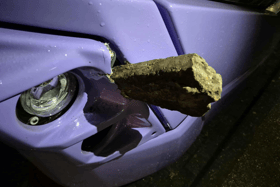 Picture of a stone buried in the front of an E1 bus in Gosport. Increased levels of vandalism has seen First Bus operating less vehicles on the BRT Busway.