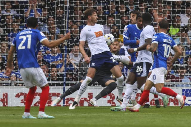 Andre Dozzell scores the winner for Pompey against Leicester. Picture: Barry Zee