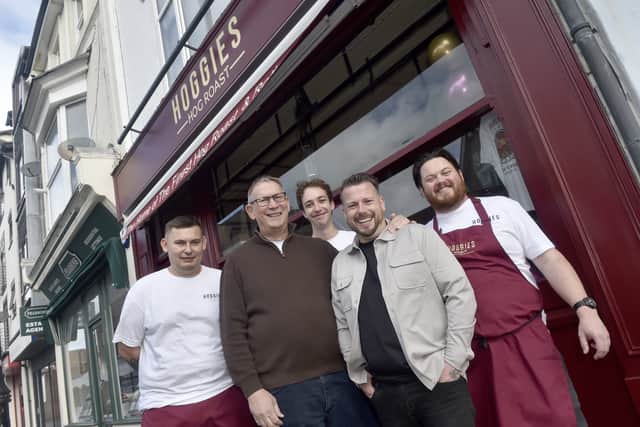 Hoggies Hog Roast has officially opened in Marmion Road, Southsea.

Pictured is: (l-r) Joe Yates, barista and front of house, Alan Knight, Sebastian Longman, chef, Lewis Filer, co-owner and Simon Hartnett, head chef and owner.


Picture: Sarah Standing (150925-9411)