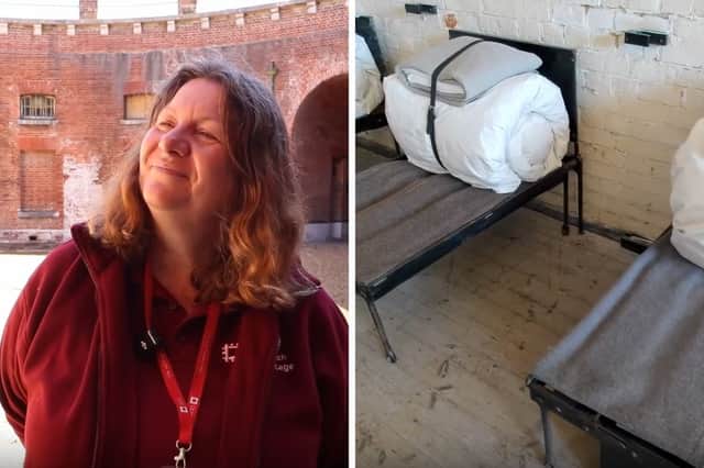 Pictured is community engagement officer Ginnie Slade, and Fort Brockhurst’s restored barrack room.