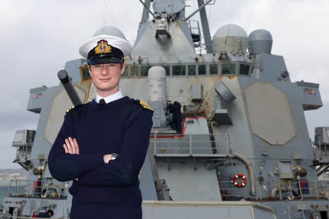 Lt Cdr Long onboard USS Winston S Churchill. He sailed the ship into Portsmouth.