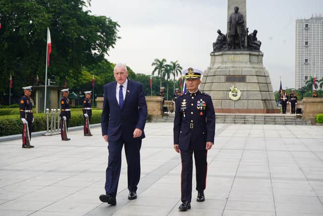 The Royal Navy will increase its activity alongside The Philippines in light of HMS Prince of Wales' UK Carrier Strike Group deployment. Pictured: Defence peer Lord Vernon Coaker visiting capital Manila.