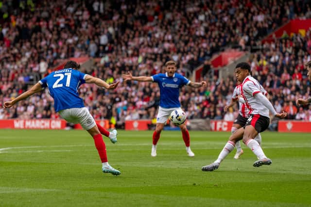Andre Dozzell shoots at goal as John Swift looks on against Southampton. Pic: Stephen Flynn/ProSportsImages