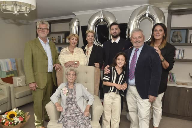 Pictured is: (seated) Mabel Kidney with some of her family (back l-r) Roger Sitch, son-in-law, Carol Moss, Jilly Sitch, daughters, Jack Sitch, grandson, Poppy Moss (10), great granddaughter, Malcolm Moss, son-in-law and Hannah Moss, granddaughter.