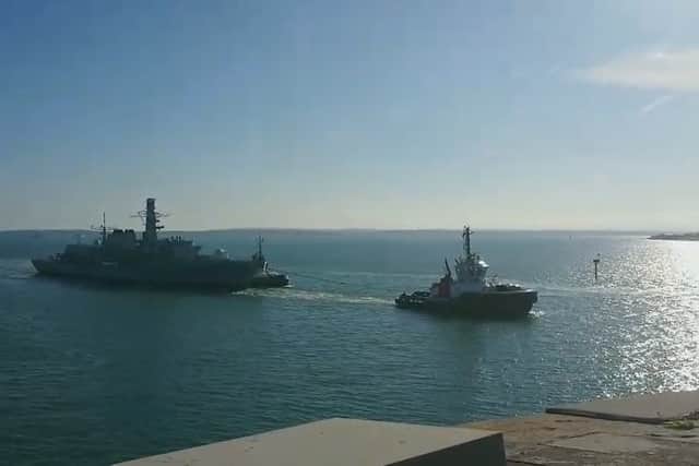 HMS Argyll being towed to Portsmouth on September 19, 2025. The Type 23 Duke-class frigate has an uncertain future, with a mooted sale to BAE Systems not materialising.