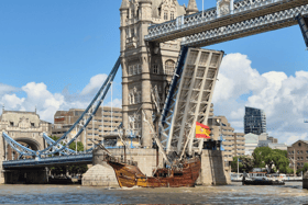 A replica of a Spanish ship used by Christopher Columbus has arrived in Portsmouth. Pictured is the vessel in London.