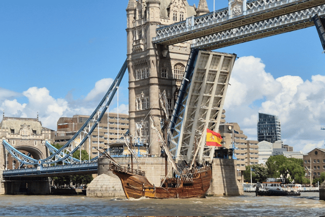 A replica of a Spanish ship used by Christopher Columbus has arrived in Portsmouth. Pictured is the vessel in London.