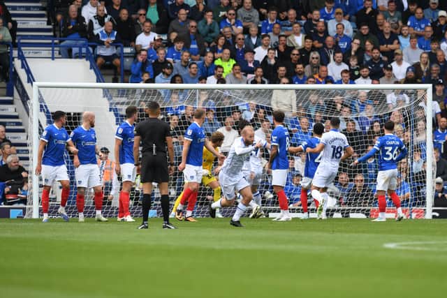Barry Bannan celebrates Sheffield Wednesday’s free-kick opener against Pompey. Picture: Jeff Mood/ProSportsImages