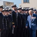 His Majesty The King inspects Royal Navy personnel at the commissioning ceremony of HMS Agamemnon in Barrow-in-Furness (22/09/2025). 