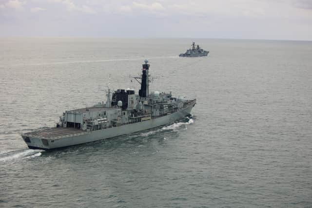 HMS Iron Duke shadows RFN Neustrashimy and cargo ship Sparta IV1 as they sail through the English Channel. Vladimir Putin’s forces have been targeting UK and US Satellites.