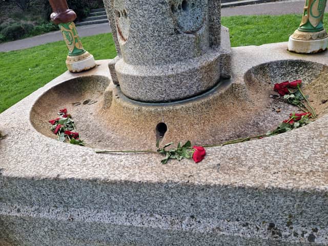 The remnants of the items placed for Charlie Kirk at the Emmanuel Memorial at Canoe Lake