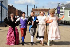 The Groundlings Theatre launched their pantomime Cinderella at their new location at Boathouse 5 in Portsmouth Historic Dockyard on Monday, September 29, 2025.

Pictured is: (l-r) Yvonne Maxwell playing the Wicked Stepmother, Nathan Camalleri playing Buttons, Erin Billington playing Prince Charming, George Harriet-King playing Cinderella and Peter McCrohon playing the Dame, Fairy Godmother.

Picture: Sarah Standing (290925-5302)