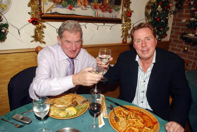 Milan Mandaric and Harry Redknapp at the Pizza House restaurant in Hilsea, after his dramatic return in 2005. Picture: Steve Reid.