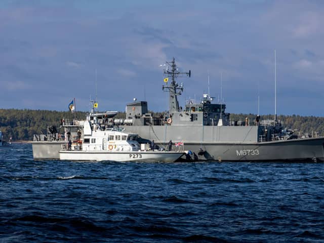 HMS Pursuer sailing alongside EML Ugandi, former Royal Navy warship HMS Bridport, during a passage exercise off the coast of Estonia. This comes as the Baltic nation is udner increasing pressure from Russia.