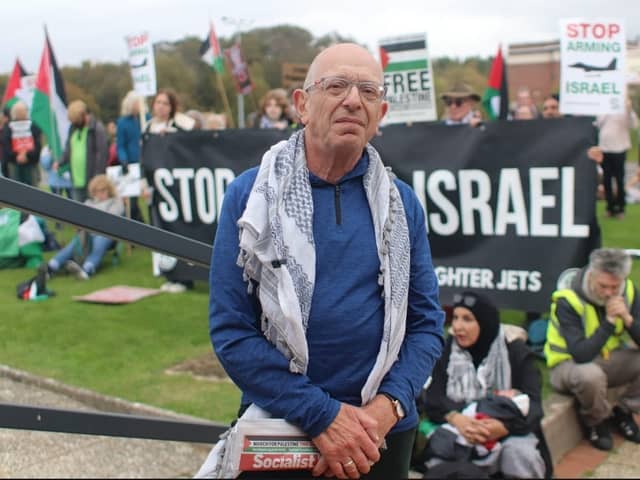 Robert Ferguson, activist and secretary of the Palestine Solidarity Campaign Dorset branch, who is Jewish, outside the Lockheed Martin facility in Havant. Pro-Palestine protestors are calling for an arms embargo to Israel.