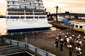 Musicians from the Royal Marines Band Service serenaded tourists aboard the Viking Saturn cruise ship as she visited Portsmouth International Port.