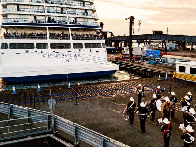 Musicians from the Royal Marines Band Service serenaded tourists aboard the Viking Saturn cruise ship as she visited Portsmouth International Port.