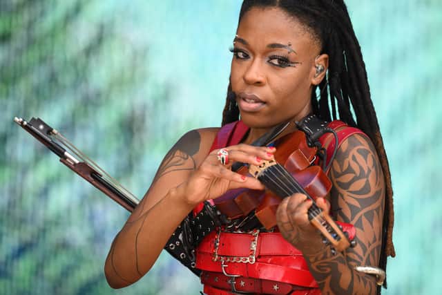 Sudan Archives performs on the West Holts stage on Day 4 of Glastonbury Festival 2023 on June 24, 2023 in Glastonbury, England.