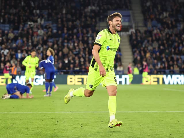 John Swift celebrates his Pompey equaliser against Leicester. Picture: John Mallett/ProSportsImages