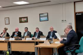 Fareham Borough Council planning meeting, October 15, (right to left) Cllr Whiltshire, Cllr Dugan, Cllr Nother, Cllr Ingram, Cllr Whittle, Cllr Needham and developer Michael Walker