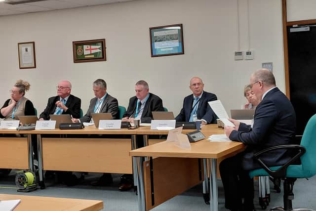 Fareham Borough Council planning meeting, October 15, (right to left) Cllr Whiltshire, Cllr Dugan, Cllr Nother, Cllr Ingram, Cllr Whittle, Cllr Needham and developer Michael Walker