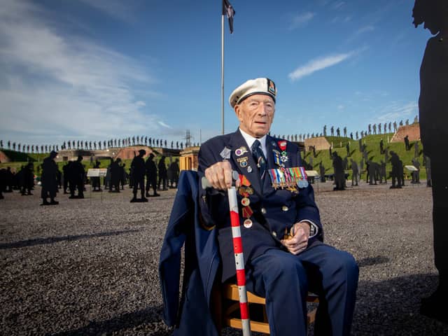 D-Day veteran AB Alec Penstone has passed away at the age of 101. Pictured is the Royal Navy sailors at the Standing With Giants tribute at Fort Nelson.