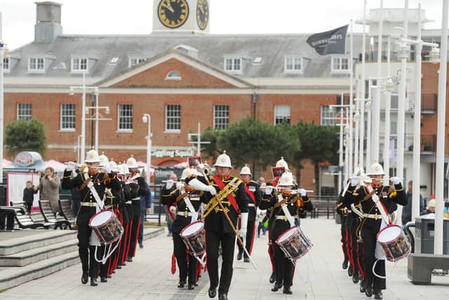 Royal Marines Band Service performing during the poppy appeal launch.