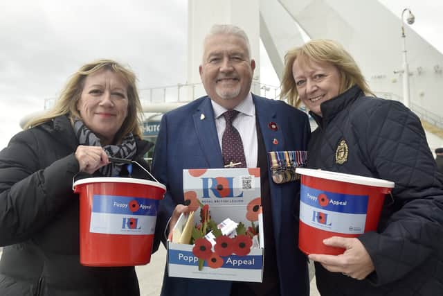 Pictured is: (l-r) Allyson Davies, Kevin Oakley, ex RAF Warrant Officer and Lyn Winfield, Kevin's partner. They are supporting the RBL poppy appeal.