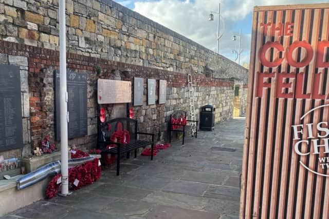 The Falklands War memorial in Old Portsmouth blocked by a fish and chips van. Management at the nearby Square Tower have apologised for any offence caused.