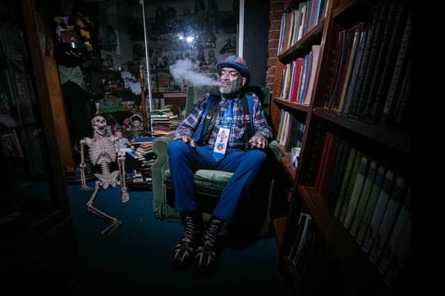 Pompey fanatic John Portsmouth Football Club Westwood who owns the Petersfield Bookshop pictured during Halloween 2024.