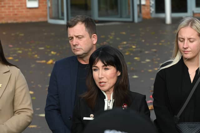 Pictured: Anthony Beck and Leighann McCready, the parents of Jaysley Beck, speaking after sentencing, outside Bulford Military Court.