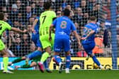 Josef Bursik saves from the penalty spot from Jay Stansfield early in the 4-0 hammering by Birmingham. Picture: Dennis Goodwin/ProSportsImages