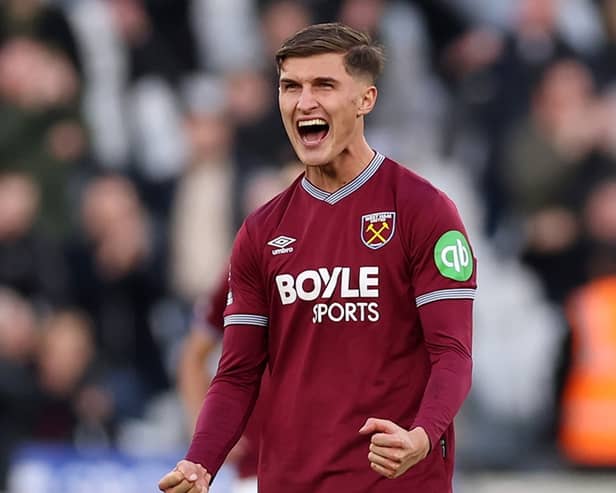 Freddie Potts celebrates West Ham's 3-1 win against Newcastle United on Sunday