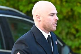 Pictured: Daniel Triffitt outside Bulford Military Court, Wilts. An experienced Royal Navy sailor has been dismissed after he groped his female colleague on board a warship while she was stood next to her boyfriend.