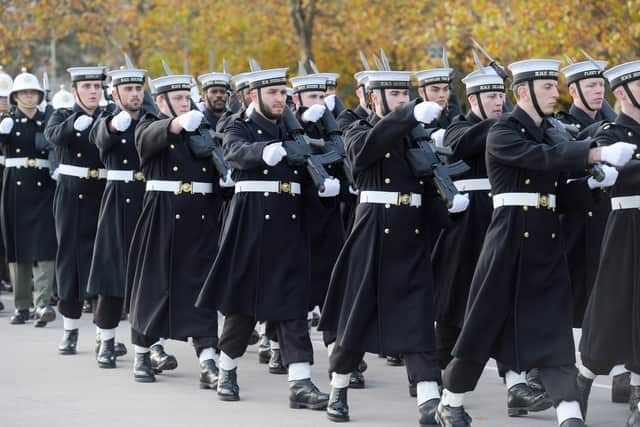 Royal Navy sailors conducting rehearsals taking place at HMS Excellent in Portsmouth on Tuesday, November 4, 2025, ahead of the Remembrance Sunday service in London.