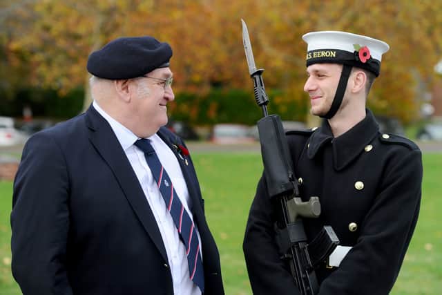 Pictured is: (l-r) Anthony Moth (63) Royal Navy veteran with his grandson AB Samuel Tait (22) who has served in the Royal Navy for the last six years.