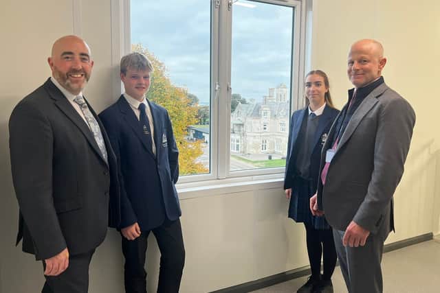 Left to right: Chris Willis (Head Teacher), Nathan Royle (Head Boy), Charlotte Orton (Head Girl), Nick Cross (King’s Group Academies CEO)
