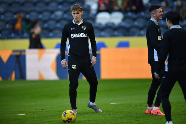 Ashton Sizer warming up with Pompey before last month’s defeat at Hull. Picture: Ian Lyall/ProSportsImages