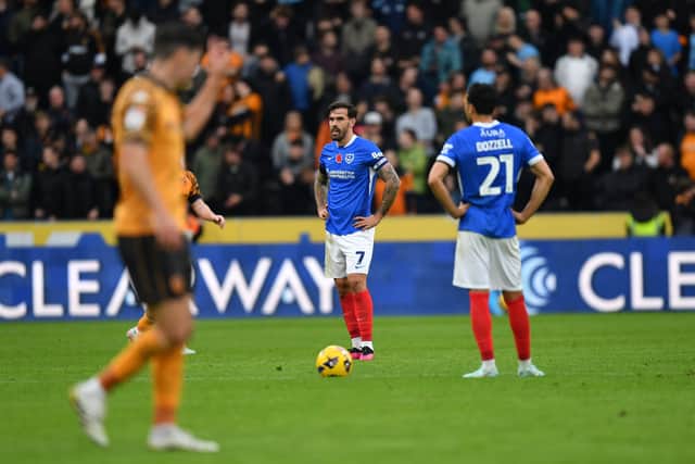 Pompey’s players are gutted following the 3-2 defeat at Hull. Picture: Ian Lyall/ProSportsImages